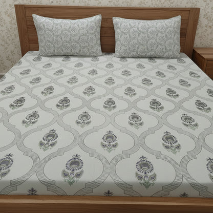 IVORY GREY HAND BLOCK PRINTED KING COTTON BEDSHEET SET