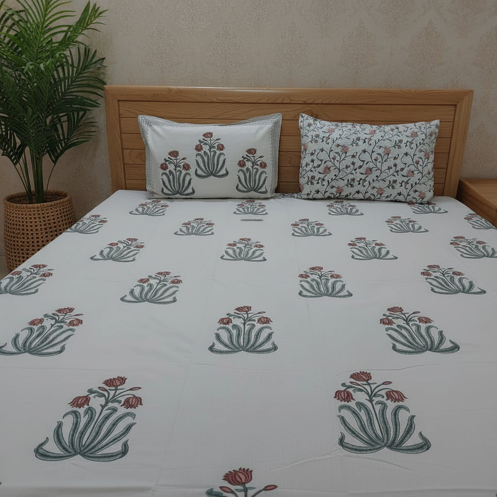 LOTUS HAND BLOCK PRINTED KING COTTON BEDSHEET SET