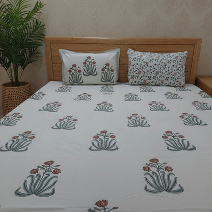 LOTUS HAND BLOCK PRINTED KING COTTON BEDSHEET SET