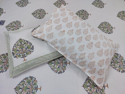 WHITE TREE MOTIF HAND BLOCK PRINTED KING COTTON BEDSHEET SET