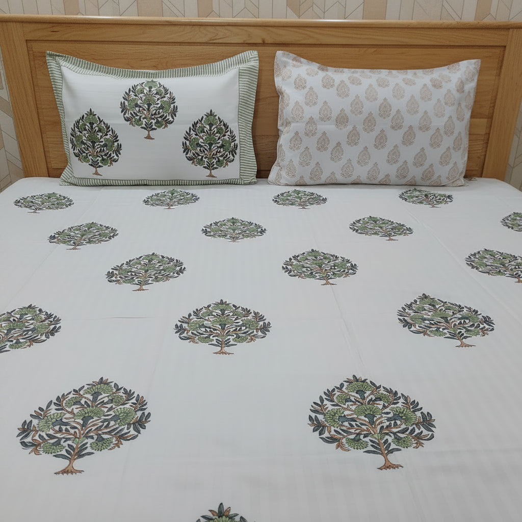 WHITE TREE MOTIF HAND BLOCK PRINTED KING COTTON BEDSHEET SET