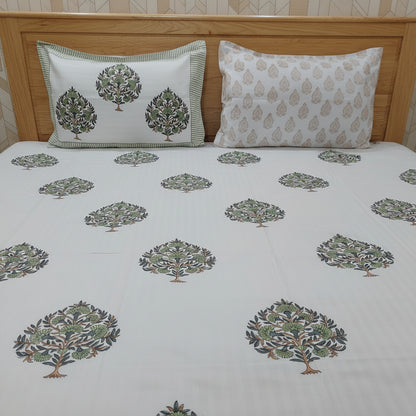WHITE TREE MOTIF HAND BLOCK PRINTED KING COTTON BEDSHEET SET