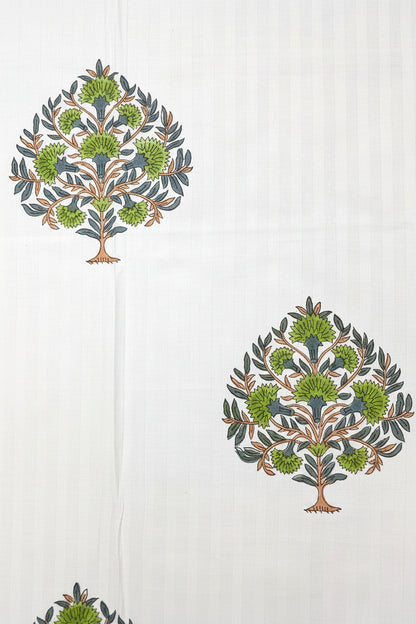 WHITE TREE MOTIF HAND BLOCK PRINTED KING COTTON BEDSHEET SET