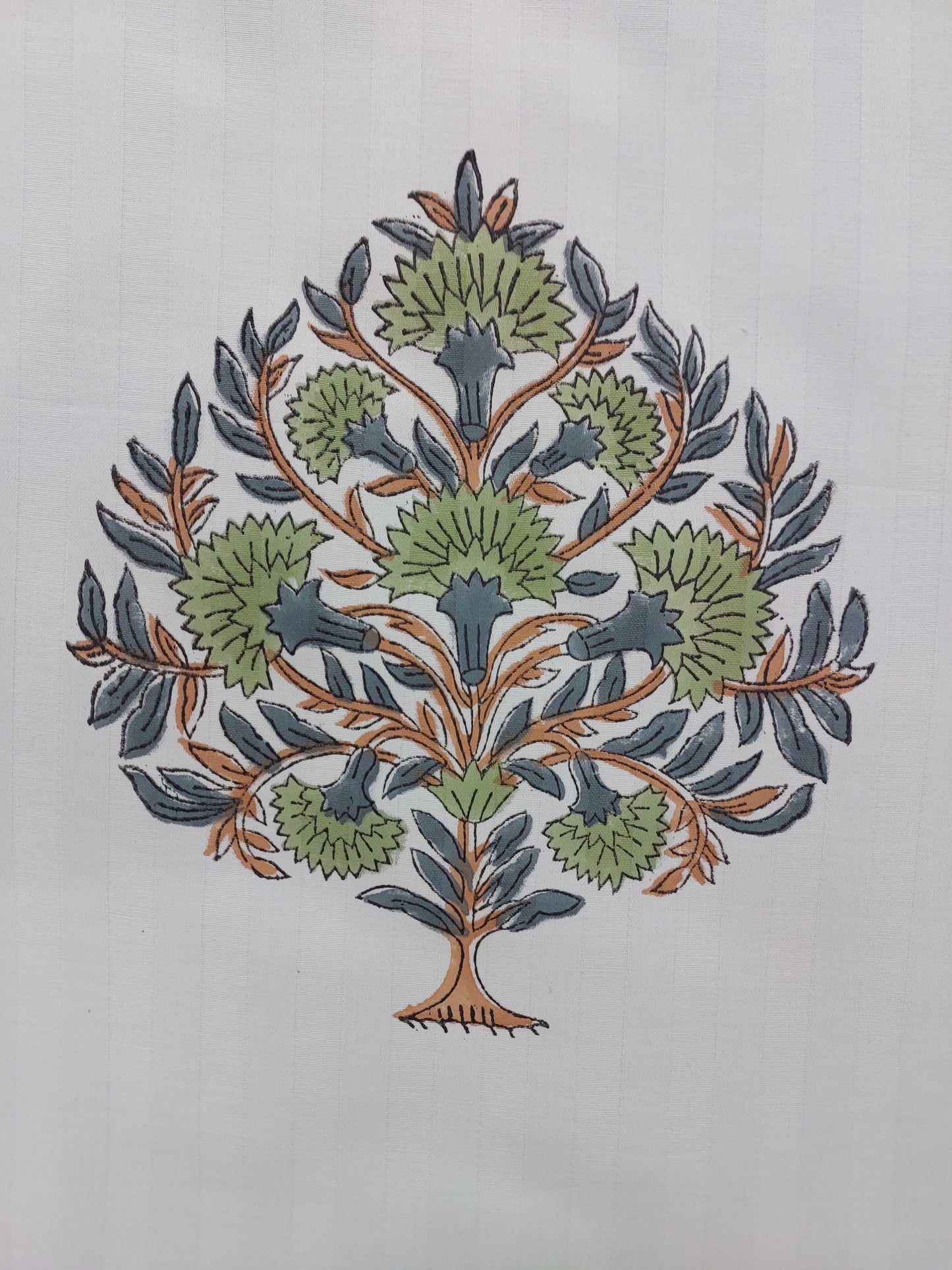 WHITE TREE MOTIF HAND BLOCK PRINTED KING COTTON BEDSHEET SET