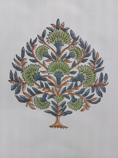 WHITE TREE MOTIF HAND BLOCK PRINTED KING COTTON BEDSHEET SET