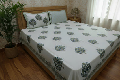 WHITE TREE MOTIF HAND BLOCK PRINTED KING COTTON BEDSHEET SET