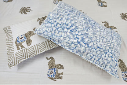 WHITE STRIPED JUMBO HAND BLOCK PRINTED KING COTTON BEDSHEET SET