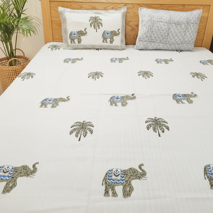 WHITE STRIPED JUMBO HAND BLOCK PRINTED KING COTTON BEDSHEET SET