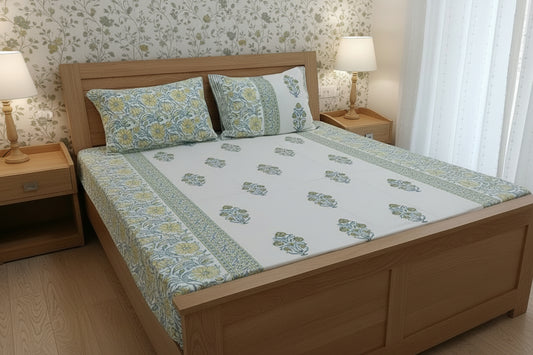 YELLOW GREEN FLORAL HAND BLOCK PRINTED KING COTTON BEDSHEET SET
