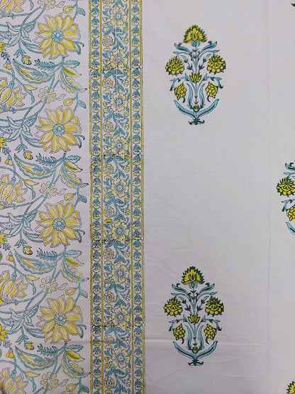 YELLOW GREEN FLORAL HAND BLOCK PRINTED KING COTTON BEDSHEET SET