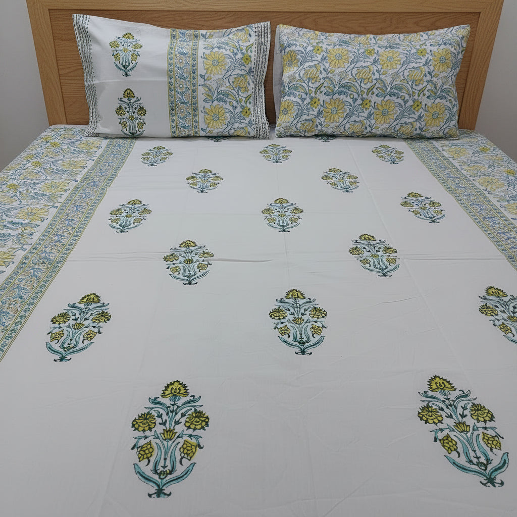 YELLOW GREEN FLORAL HAND BLOCK PRINTED KING COTTON BEDSHEET SET