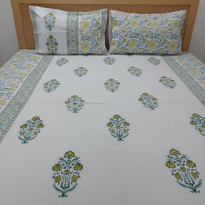YELLOW GREEN FLORAL HAND BLOCK PRINTED KING COTTON BEDSHEET SET
