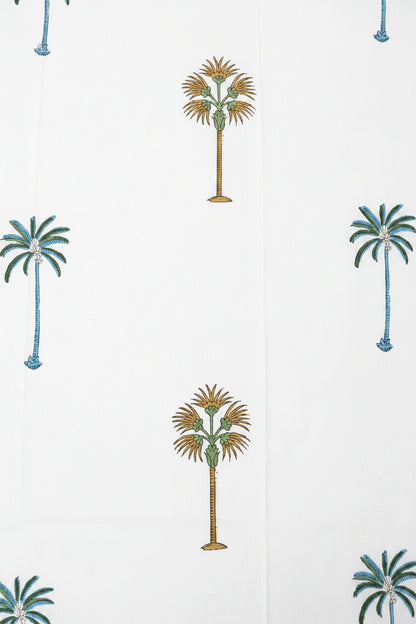 WHITE & GREEN PALM HAND BLOCK PRINTED KING COTTON BEDSHEET SET