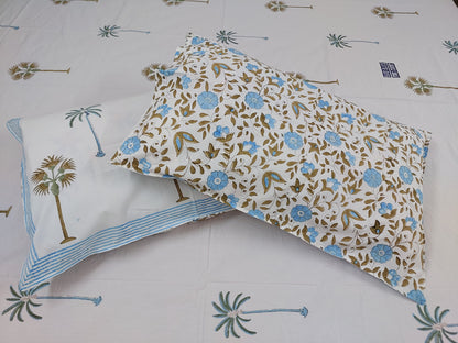 WHITE & GREEN PALM HAND BLOCK PRINTED KING COTTON BEDSHEET SET