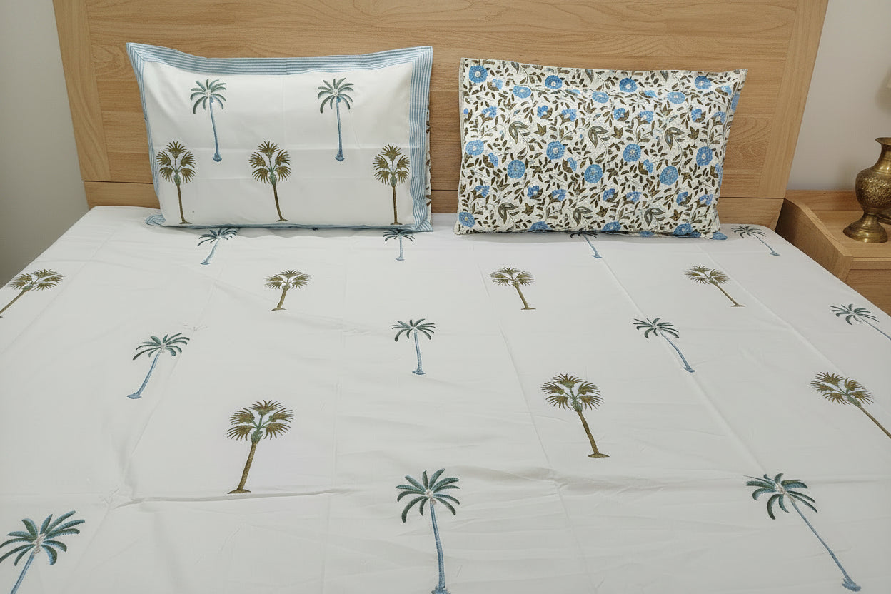 WHITE & GREEN PALM HAND BLOCK PRINTED KING COTTON BEDSHEET SET