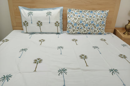 WHITE & GREEN PALM HAND BLOCK PRINTED KING COTTON BEDSHEET SET