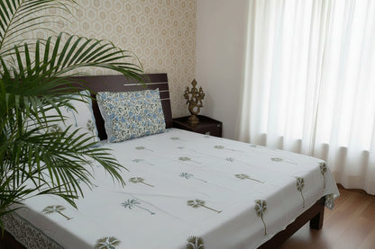 WHITE & GREEN PALM HAND BLOCK PRINTED KING COTTON BEDSHEET SET