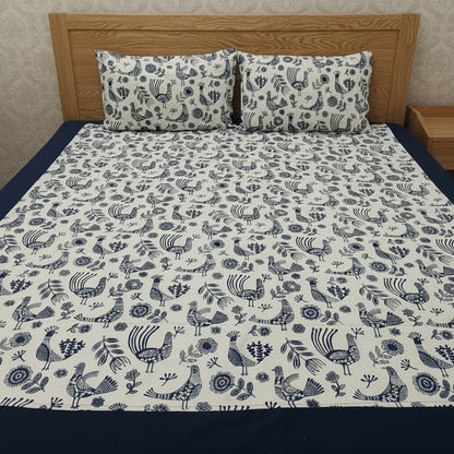 NAVY BLUE BORDER KING COTTON BEDSHEET SET