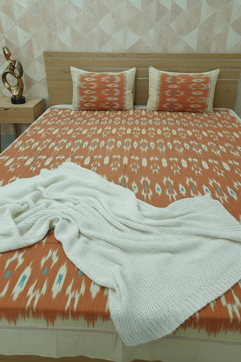 ORANGE POCHAMPALLY IKAT KING COTTON BEDSHEET SET