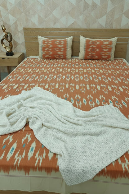ORANGE POCHAMPALLY IKAT KING COTTON BEDSHEET SET