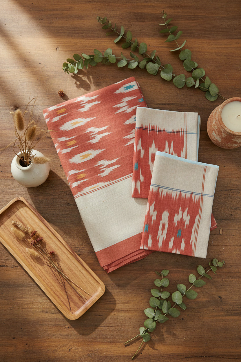 ORANGE POCHAMPALLY IKAT KING COTTON BEDSHEET SET