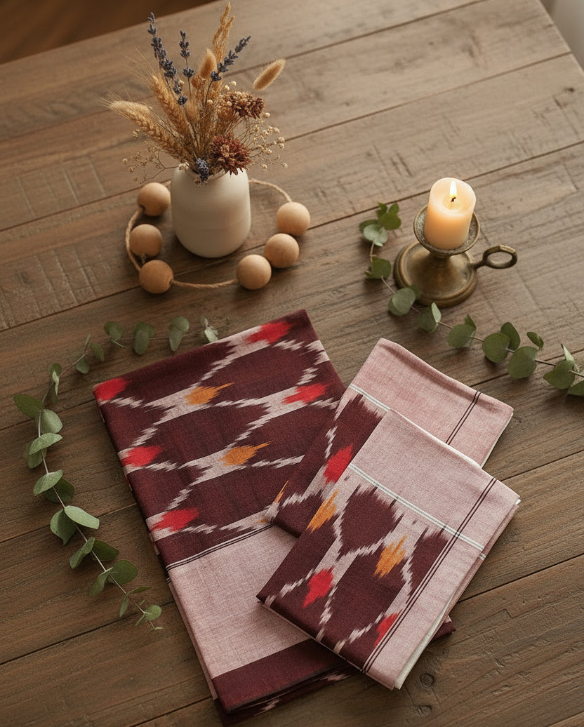 BROWN RED POCHAMPALLY IKAT KING COTTON BEDSHEET SET