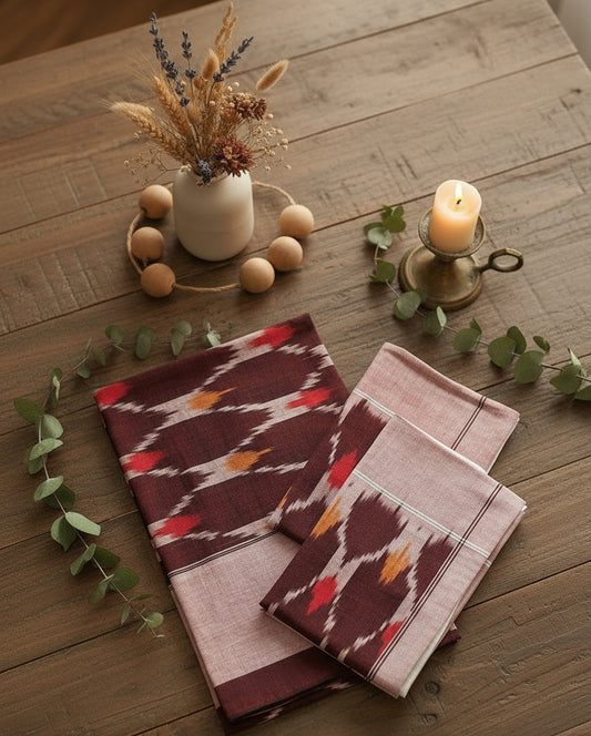 BROWN RED POCHAMPALLY IKAT KING COTTON BEDSHEET SET