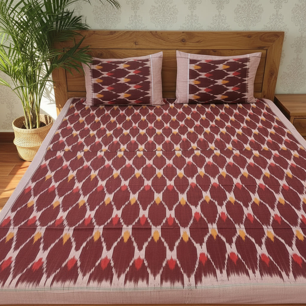 BROWN RED POCHAMPALLY IKAT KING COTTON BEDSHEET SET