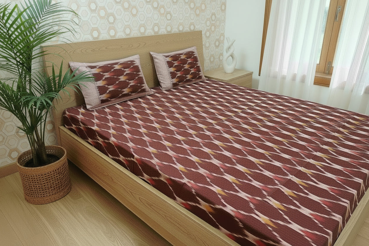 BROWN RED POCHAMPALLY IKAT KING COTTON BEDSHEET SET