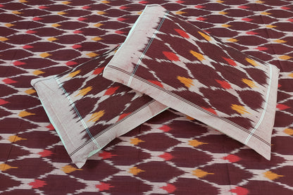 BROWN RED POCHAMPALLY IKAT KING COTTON BEDSHEET SET