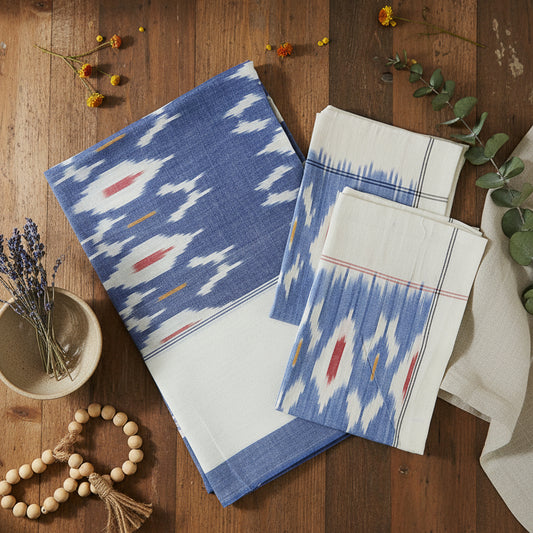 SKY BLUE POCHAMPALLY IKAT KING COTTON BEDSHEET SET