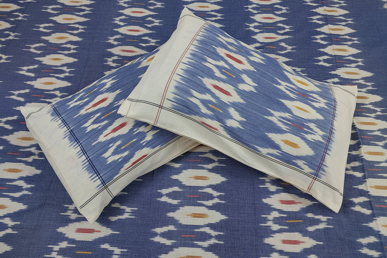 SKY BLUE POCHAMPALLY IKAT KING COTTON BEDSHEET SET
