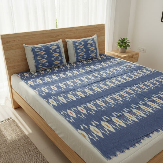 SKY BLUE POCHAMPALLY IKAT KING COTTON BEDSHEET SET