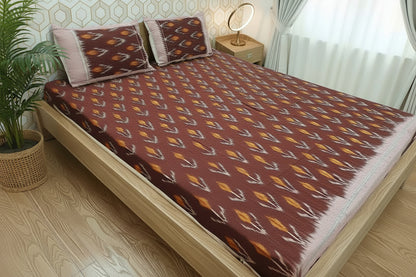 BROWN YELLOW POCHAMPALLY IKAT KING COTTON BEDSHEET SET