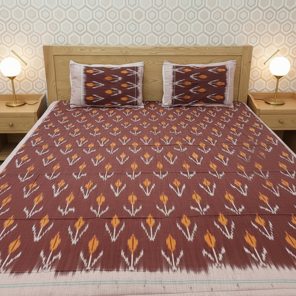 BROWN YELLOW POCHAMPALLY IKAT KING COTTON BEDSHEET SET