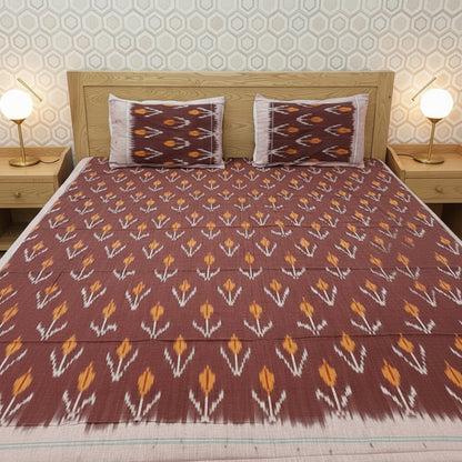 BROWN YELLOW POCHAMPALLY IKAT KING COTTON BEDSHEET SET