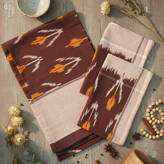 BROWN YELLOW POCHAMPALLY IKAT KING COTTON BEDSHEET SET