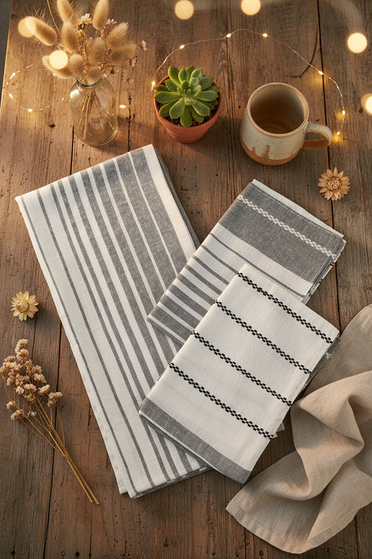 BLACK & WHITE HANDLOOM STRIPED QUEEN COTTON BEDSHEET SET