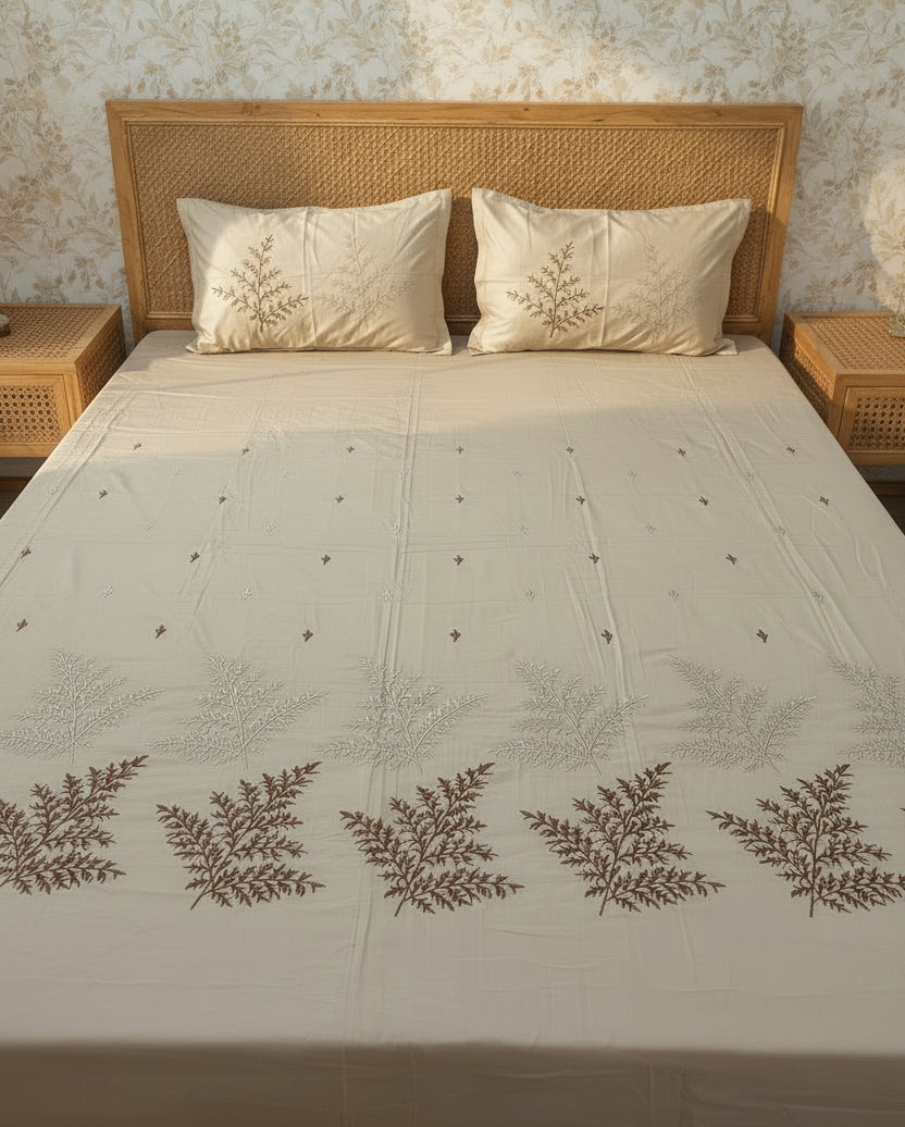 SOFT BEIGE EMBROIDERED KING COTTON BEDSHEET SET