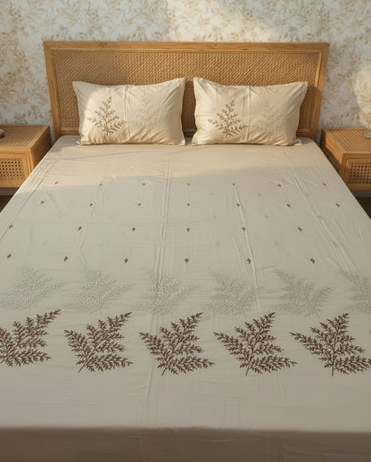 SOFT BEIGE EMBROIDERED KING COTTON BEDSHEET SET