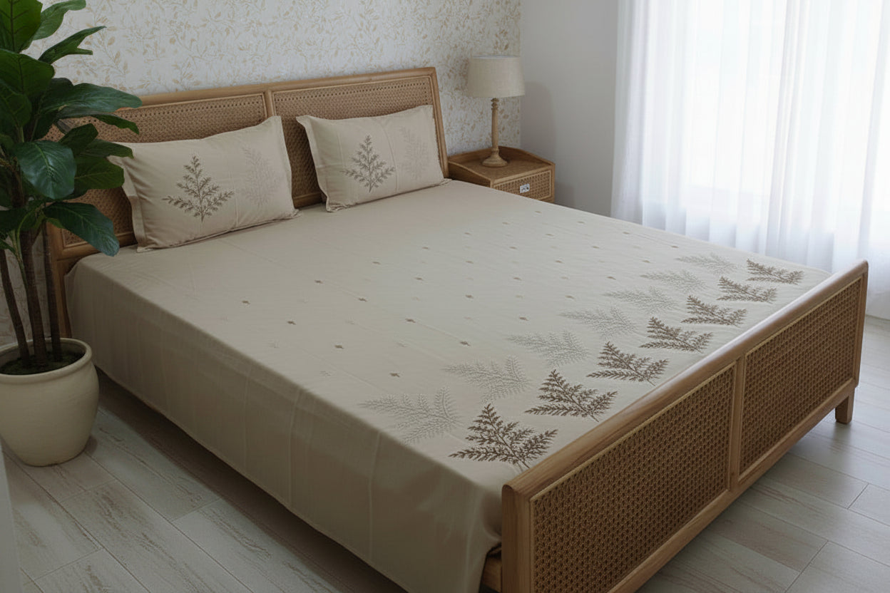 SOFT BEIGE EMBROIDERED KING COTTON BEDSHEET SET