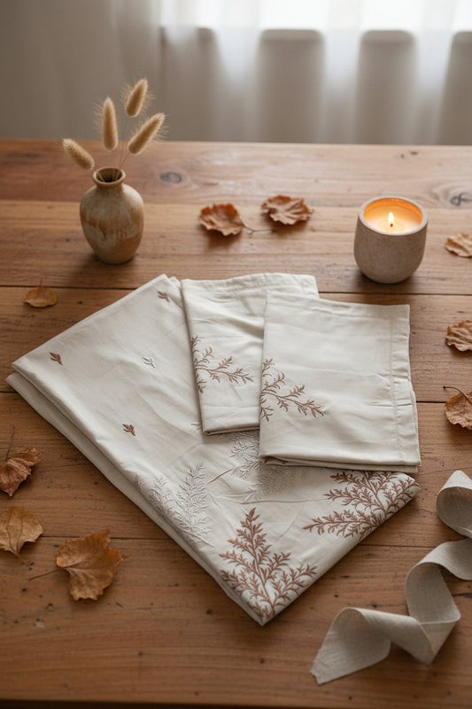 SOFT BEIGE EMBROIDERED KING COTTON BEDSHEET SET