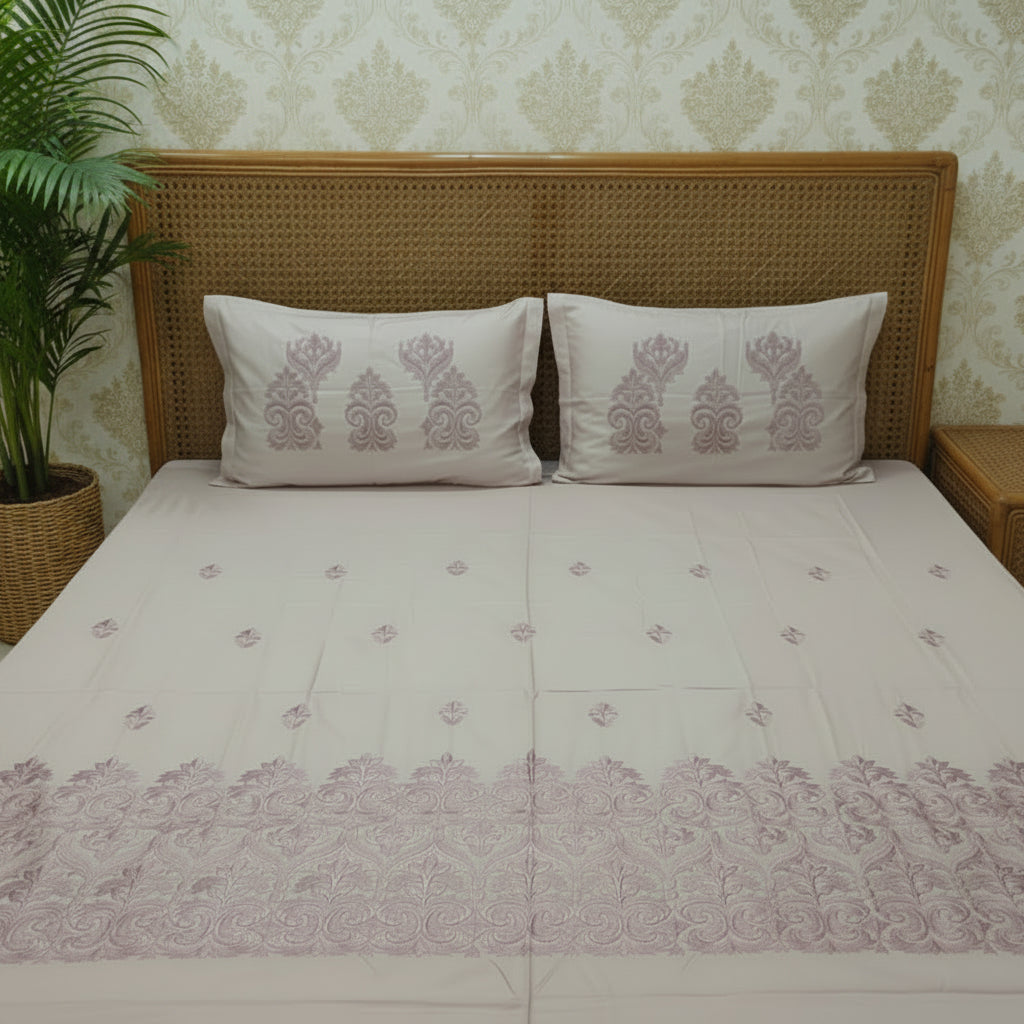 LAVENDER EMBROIDERED KING COTTON BEDSHEET SET