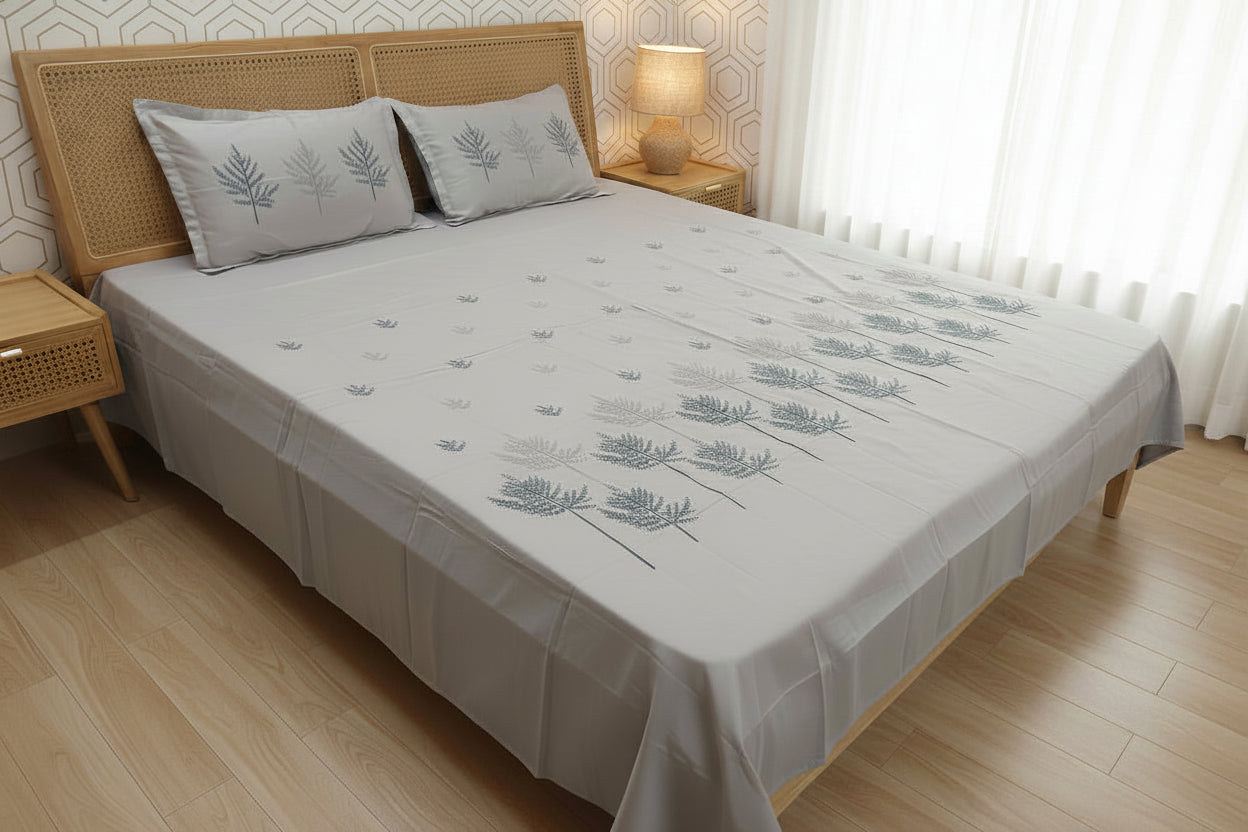 MISTY GREY EMBROIDERED KING COTTON BEDSHEET SET