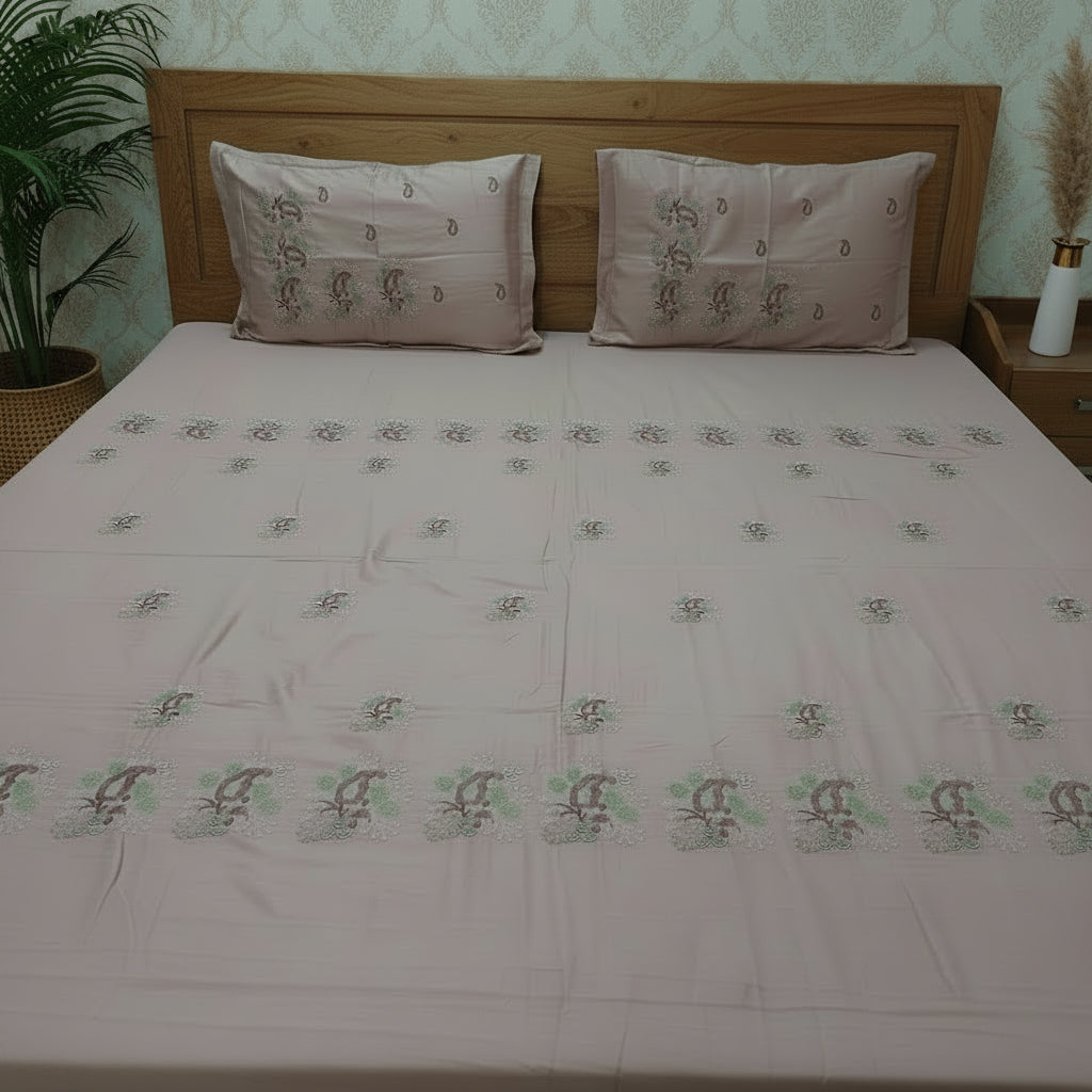 DUSTY PINK EMBROIDERED KING COTTON BEDSHEET SET
