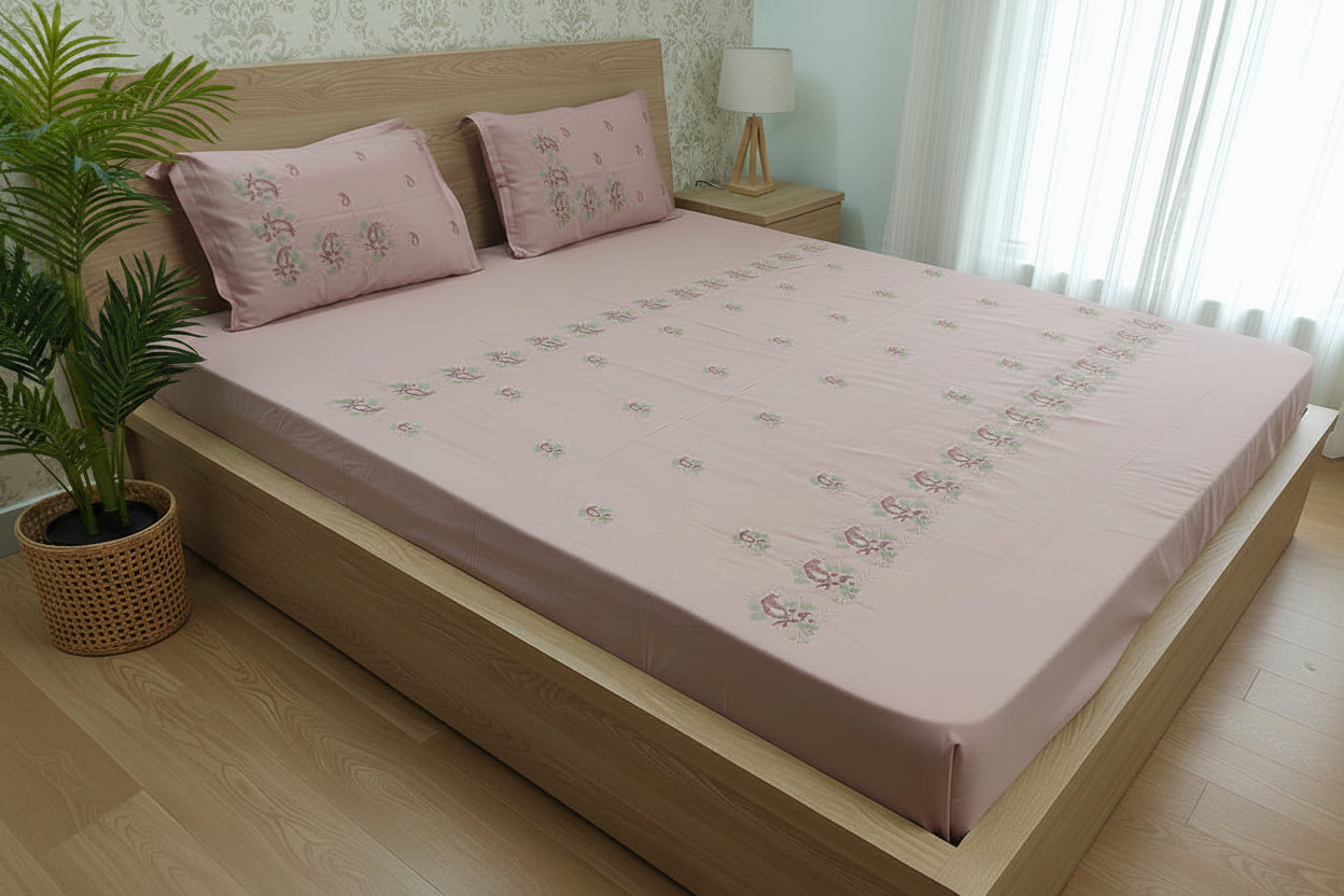 DUSTY PINK EMBROIDERED KING COTTON BEDSHEET SET