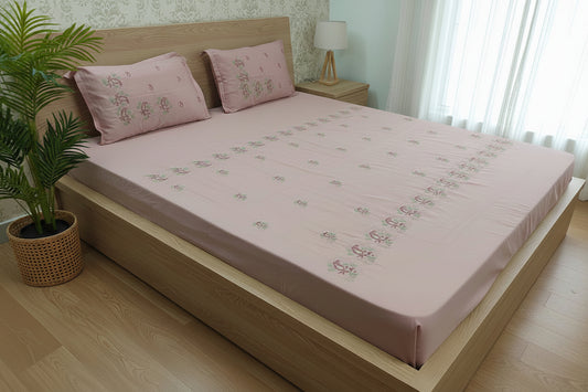 DUSTY PINK EMBROIDERED KING COTTON BEDSHEET SET