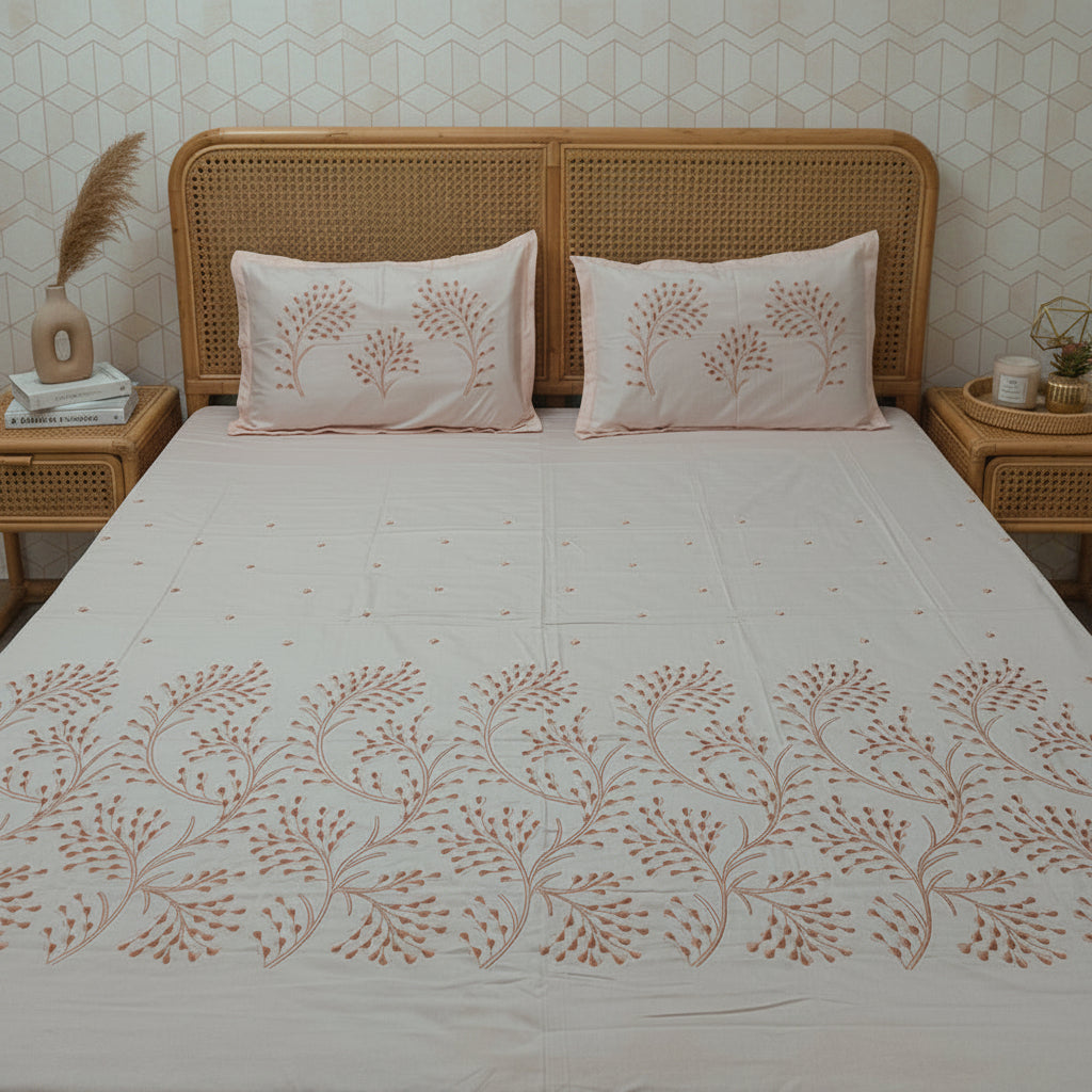 PEACH EMBROIDERED KING COTTON BEDSHEET SET