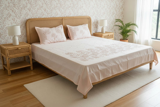 PEACH EMBROIDERED KING COTTON BEDSHEET SET