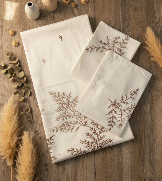 OFF WHITE EMBROIDERED KING COTTON BEDSHEET SET
